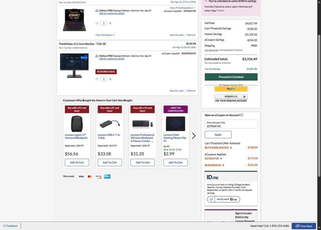 Lenovo checkout page showing Lenovo coupon code box | Screenshot taken by SimplyCodes community member on Sep 24, 2025