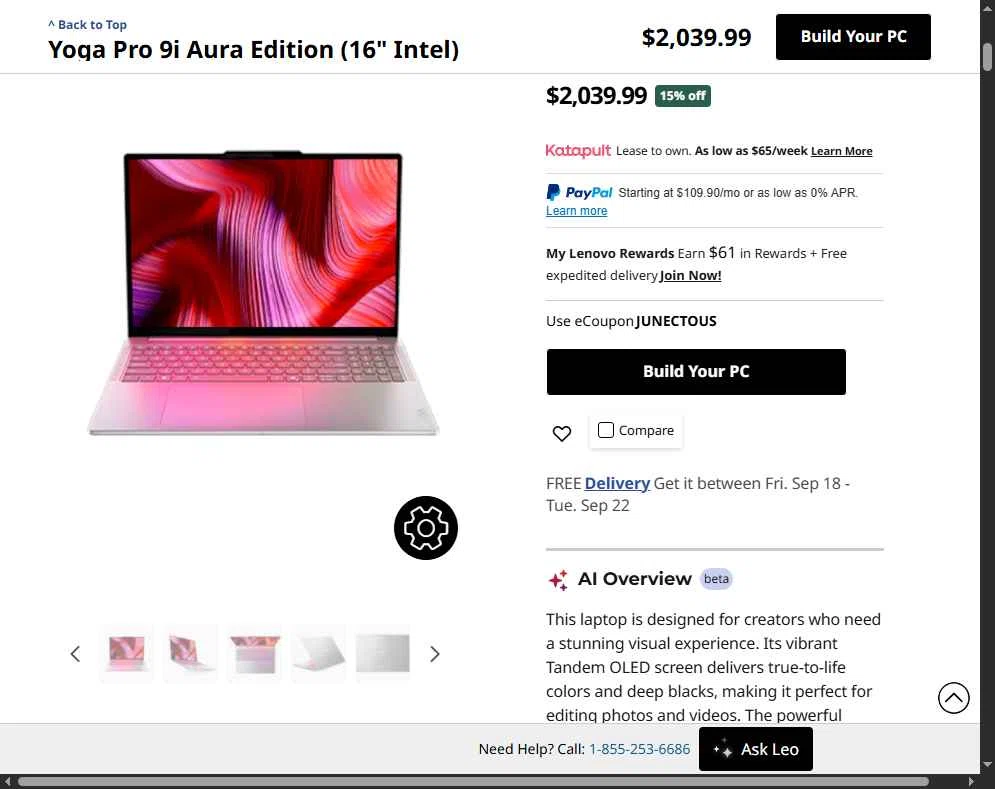 Verification screenshot for $360 Off Yoga Pro 9i Aura Edition 16 Intel at Lenovo - 15h ago