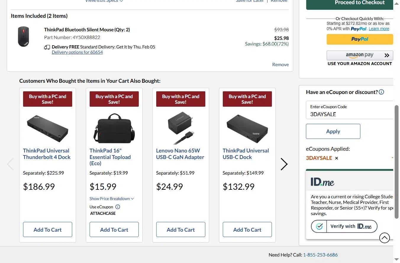 Lenovo checkout page showing Lenovo coupon code box | Screenshot taken by SimplyCodes community member on Feb 1, 2026