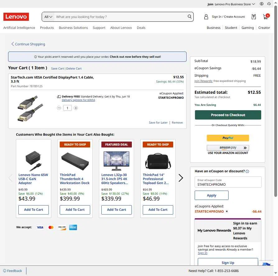 Verification screenshot for 18% Off Startech Com Displayport to Dvi Adapter (members Only) at Lenovo - 12d ago