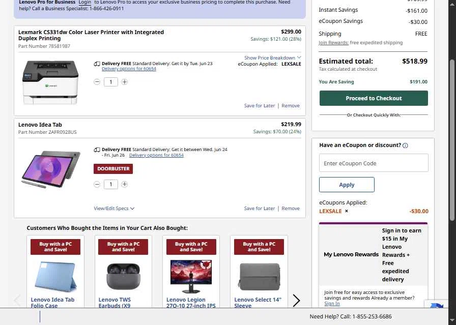 Verification screenshot for $30 Off Lexmark Cs331dw Color Laser Printer Integrated Duplex Printing at Lenovo - 9d ago