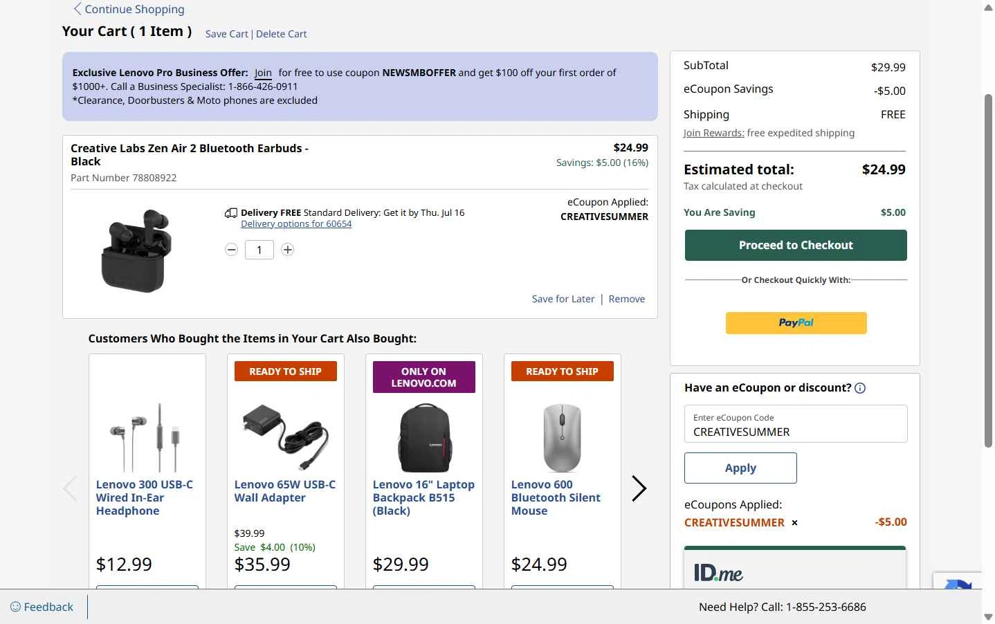 Verification screenshot for 16% Off Creative Labs Zen Air 2 Bluetooth Earbuds Black at Lenovo - 4d ago