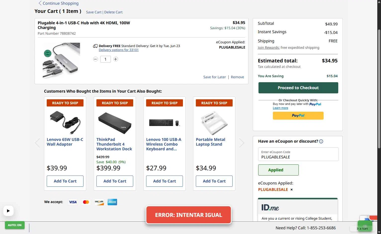 Verification screenshot for 30% Off Plugable 4 in 1 Usb C Hub With 4k Hdmi 100w Charging at Lenovo - 9d ago