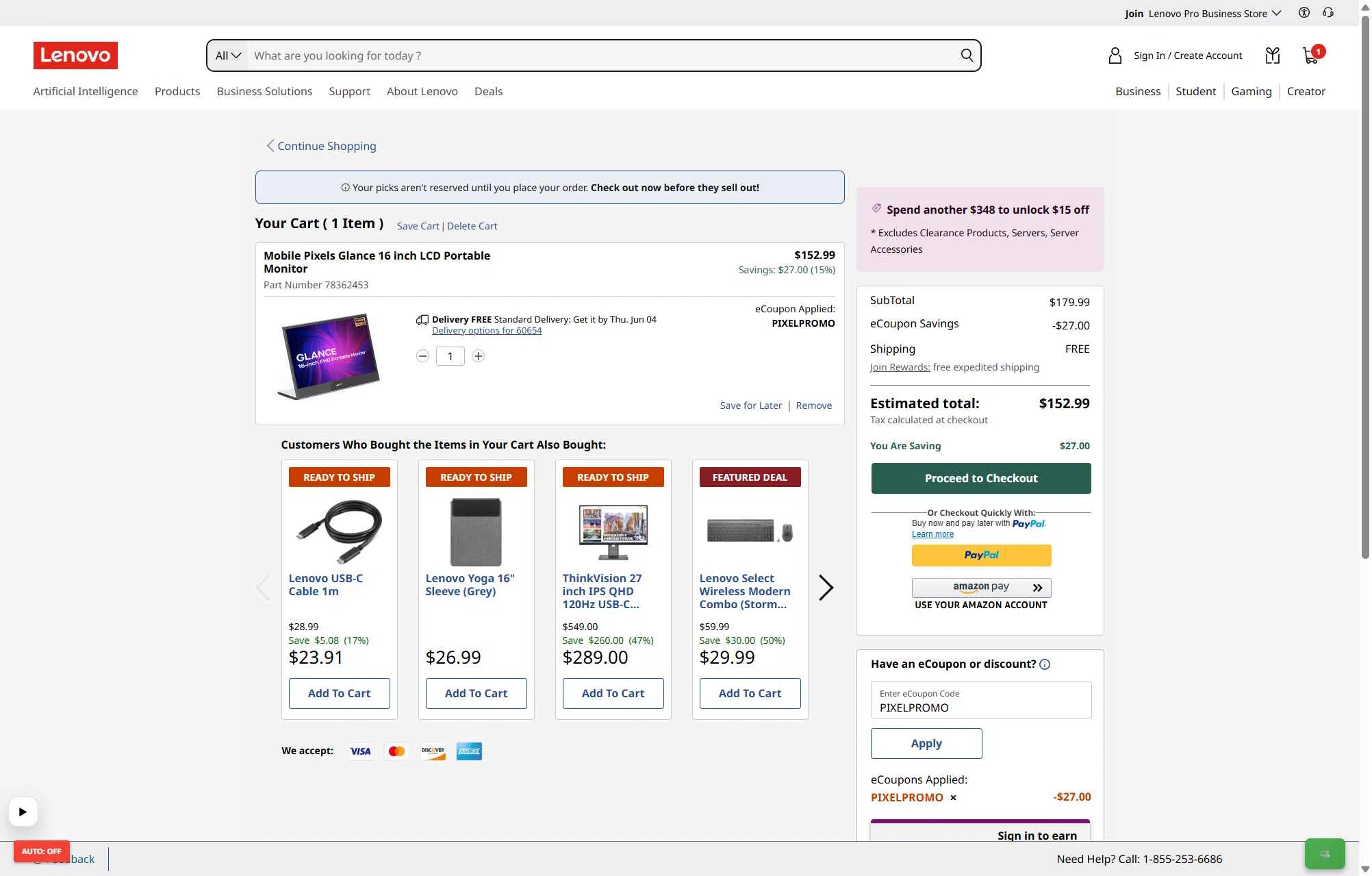 Verification screenshot for $27 Off Mobile Pixels Glance 16 Inch Lcd Portable Monitor at Lenovo - 25d ago