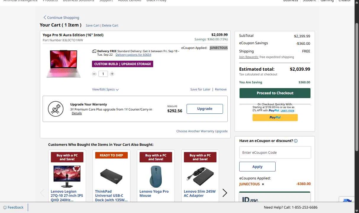 Verification screenshot for $360 Off Yoga Pro 9i Aura Edition 16 Intel at Lenovo - 9d ago