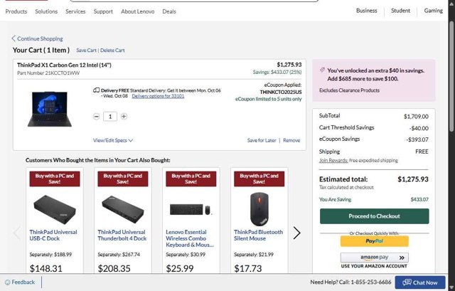 Lenovo checkout page showing Lenovo coupon code box | Screenshot taken by SimplyCodes community member on Sep 2, 2025