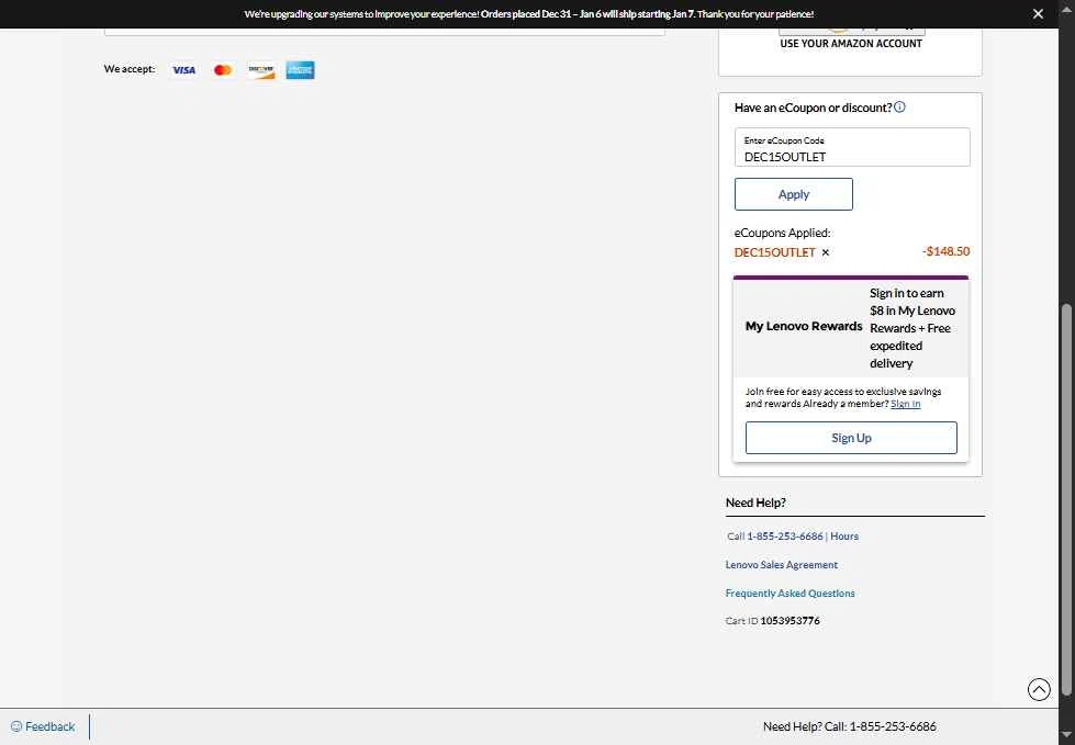Lenovo checkout page showing Lenovo coupon code box | Screenshot taken by SimplyCodes community member on Jan 4, 2026