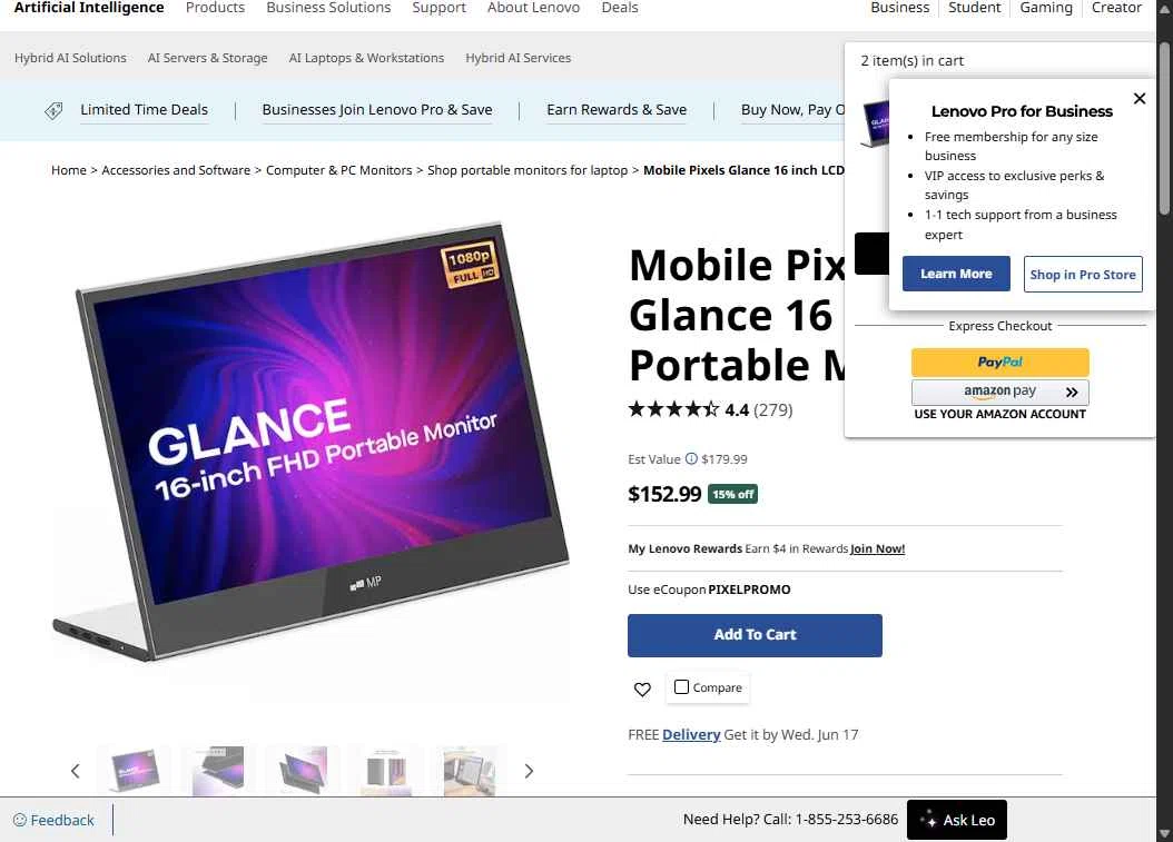Verification screenshot for $27 Off Mobile Pixels Glance 16 Inch Lcd Portable Monitor at Lenovo - 14d ago
