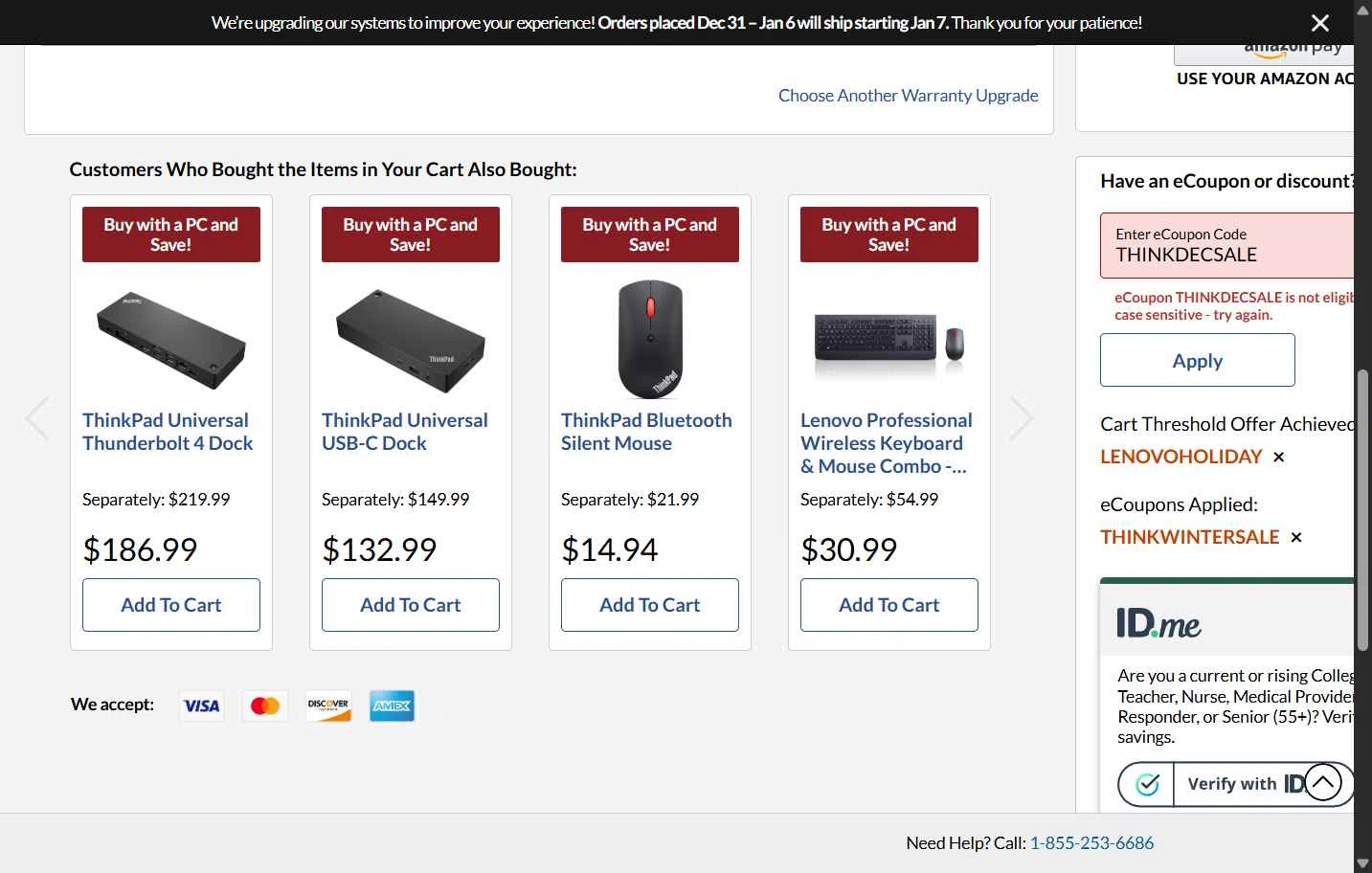 Lenovo checkout page showing Lenovo coupon code box | Screenshot taken by SimplyCodes community member on Jan 4, 2026