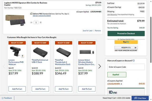 Lenovo checkout page showing Lenovo coupon code box | Screenshot taken by SimplyCodes community member on Sep 5, 2025