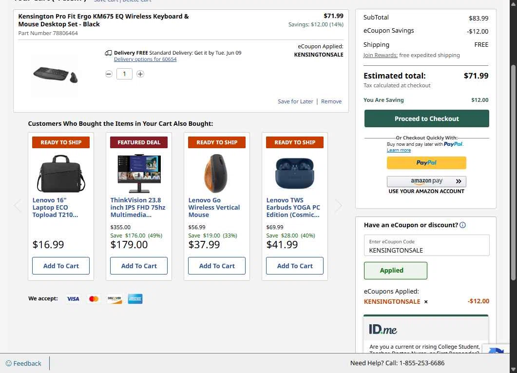 Verification screenshot for 14% Off Kensington Pro Fit Ergo Km675 Eq Wireless Keyboard Mouse at Lenovo - 22d ago