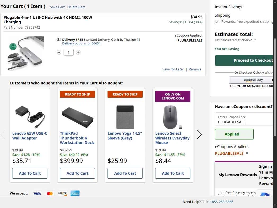 Verification screenshot for 30% Off Plugable 4 in 1 Usb C Hub With 4k Hdmi 100w Charging at Lenovo - 18d ago