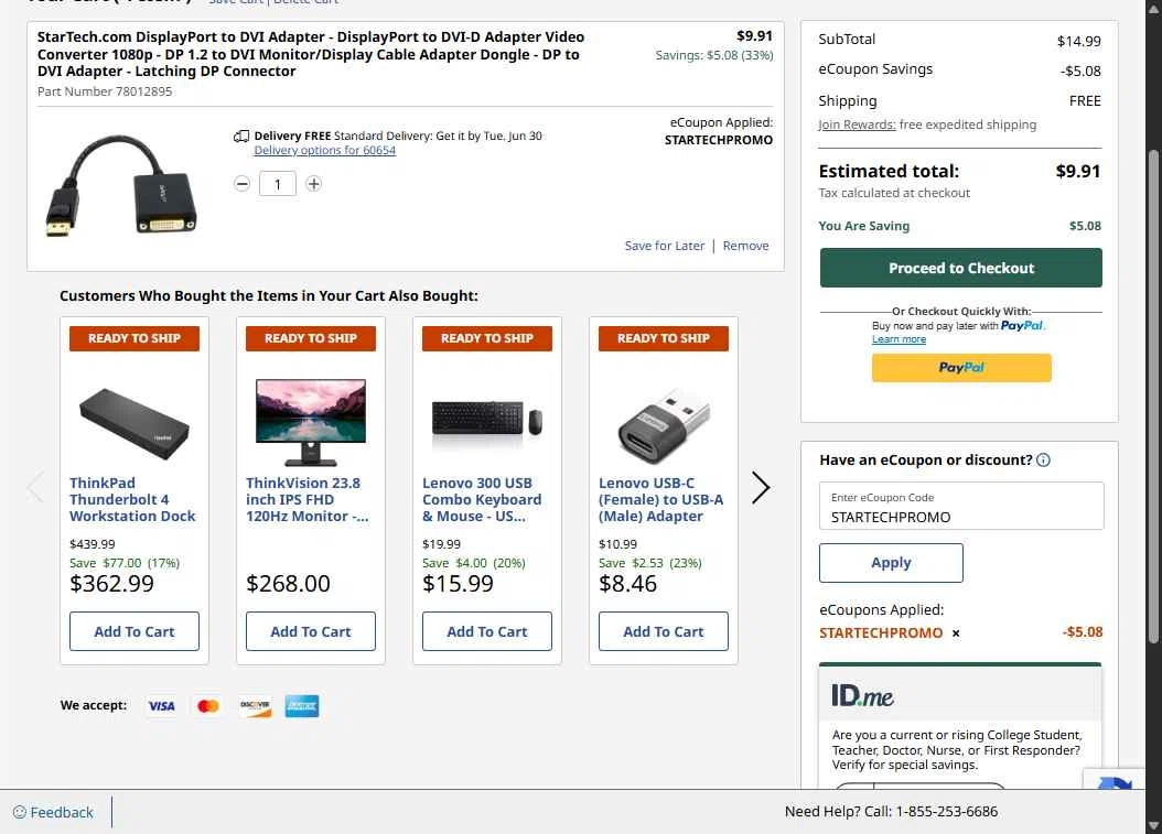 Verification screenshot for 18% Off Startech Com Displayport to Dvi Adapter (members Only) at Lenovo - 1d ago