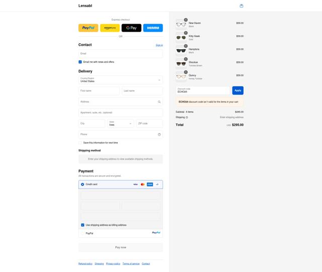 Lensabl checkout page showing Lensabl promo code box | Screenshot taken by SimplyCodes community member on Sep 12, 2025