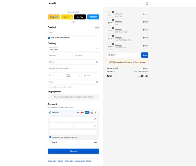 Lensabl checkout page showing Lensabl promo code box | Screenshot taken by SimplyCodes community member on Sep 9, 2025