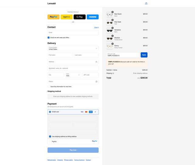 Lensabl checkout page showing Lensabl promo code box | Screenshot taken by SimplyCodes community member on Sep 12, 2025