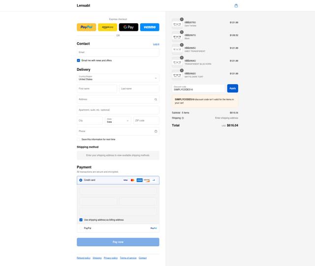 Lensabl checkout page showing Lensabl promo code box | Screenshot taken by SimplyCodes community member on Sep 9, 2025