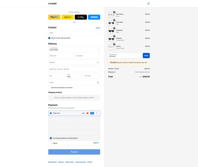 Lensabl checkout page showing Lensabl promo code box | Screenshot taken by SimplyCodes community member on Sep 12, 2025
