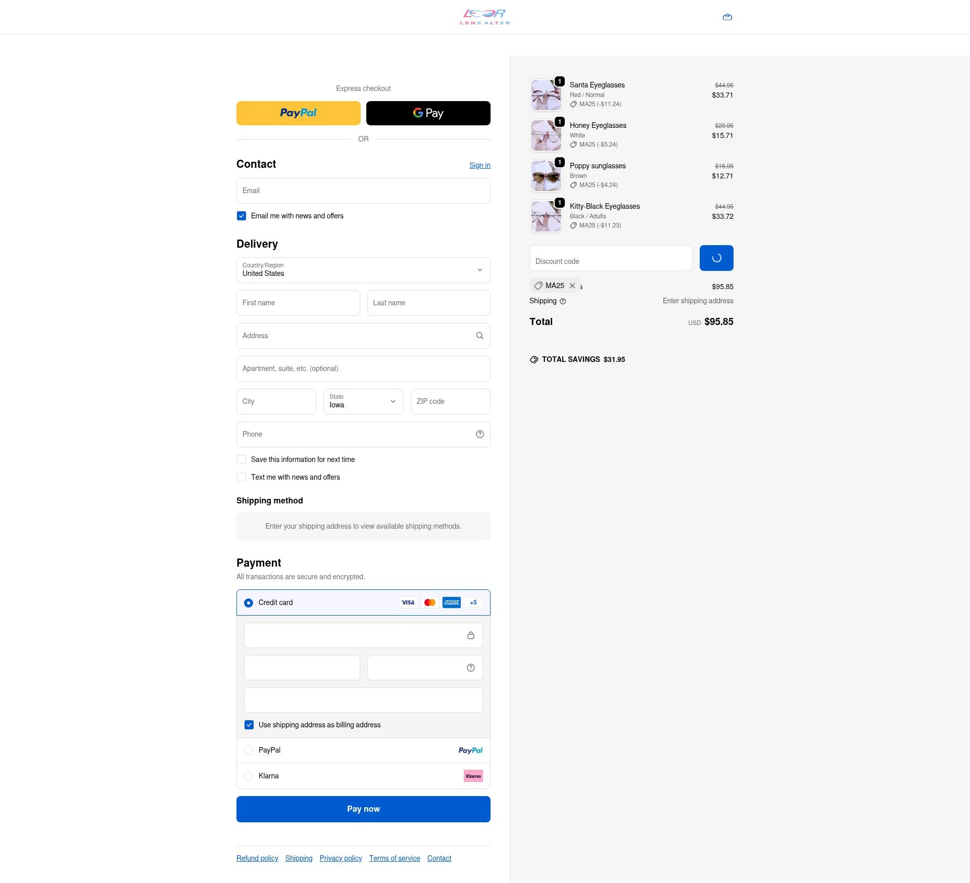Lensalter checkout page showing Lensalter discount code box | Screenshot taken by SimplyCodes community member on Dec 29, 2025