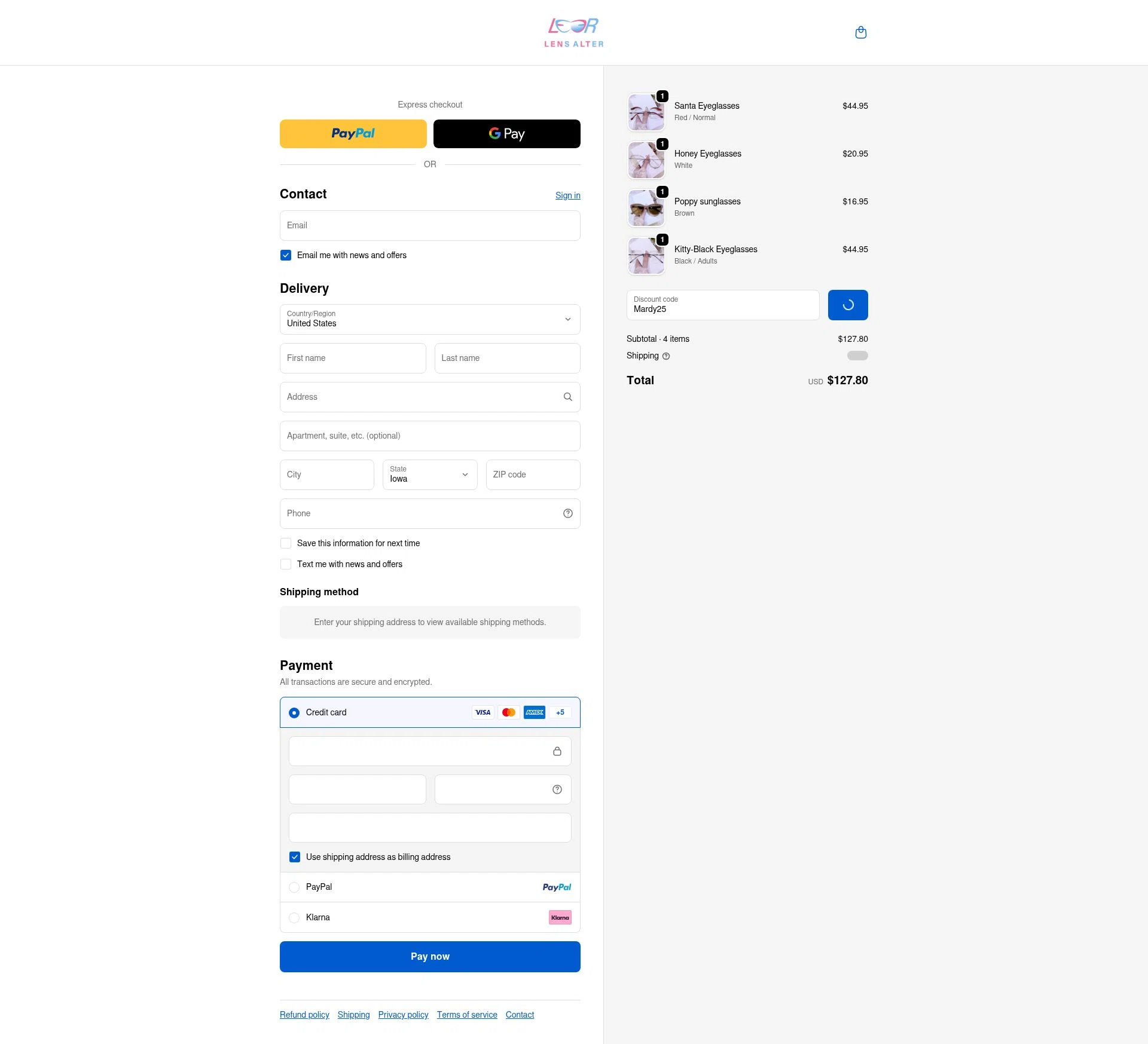 Lensalter checkout page showing Lensalter discount code box | Screenshot taken by SimplyCodes community member on Dec 29, 2025
