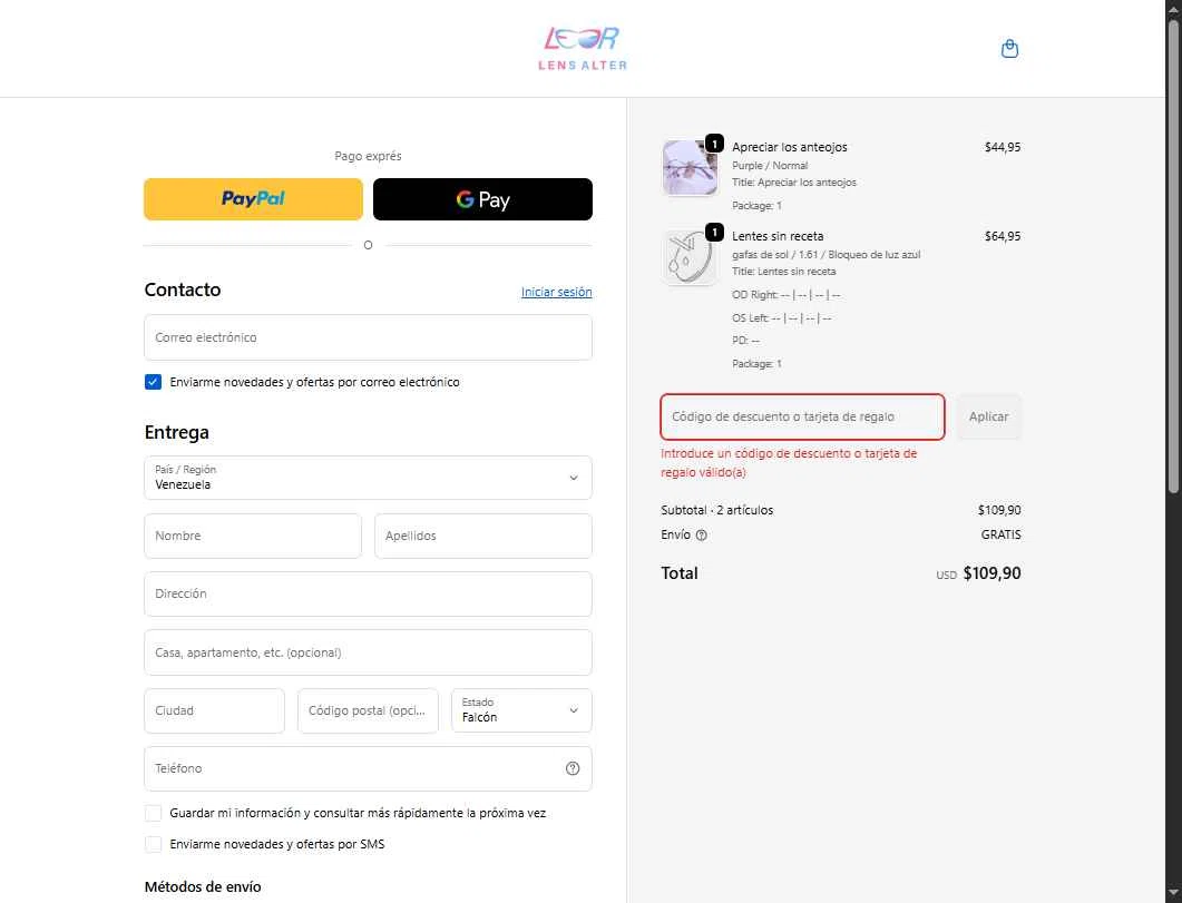 Lensalter checkout page showing Lensalter discount code box | Screenshot taken by SimplyCodes community member on Dec 30, 2025