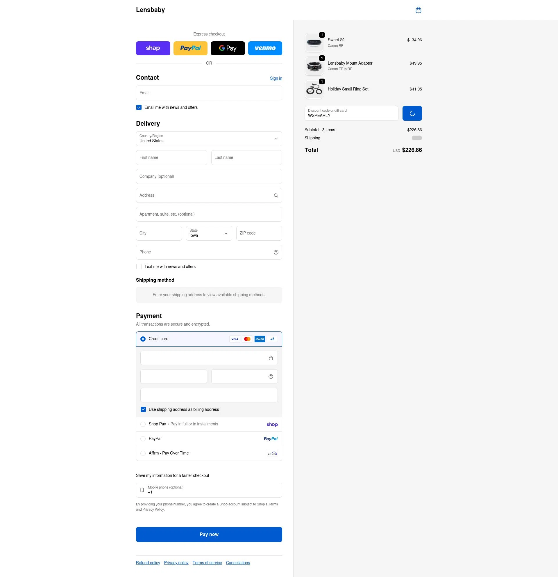 Lensbaby checkout page showing Lensbaby promo code box | Screenshot taken by SimplyCodes community member on Feb 10, 2026