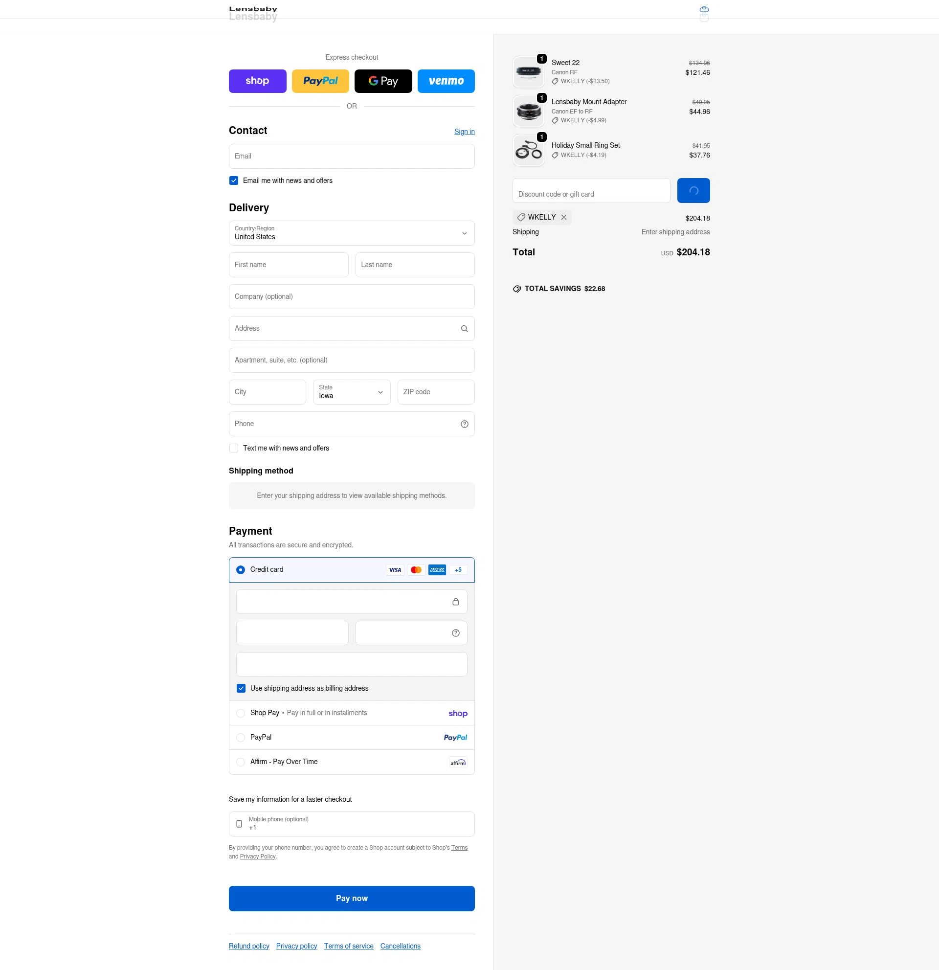 Lensbaby checkout page showing Lensbaby promo code box | Screenshot taken by SimplyCodes community member on Feb 10, 2026