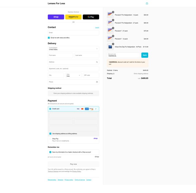 Lenses For Less checkout page showing Lenses For Less coupon code box | Screenshot taken by SimplyCodes community member on Sep 7, 2025