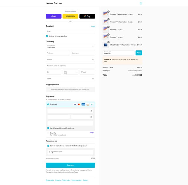 Lenses For Less checkout page showing Lenses For Less coupon code box | Screenshot taken by SimplyCodes community member on Sep 7, 2025