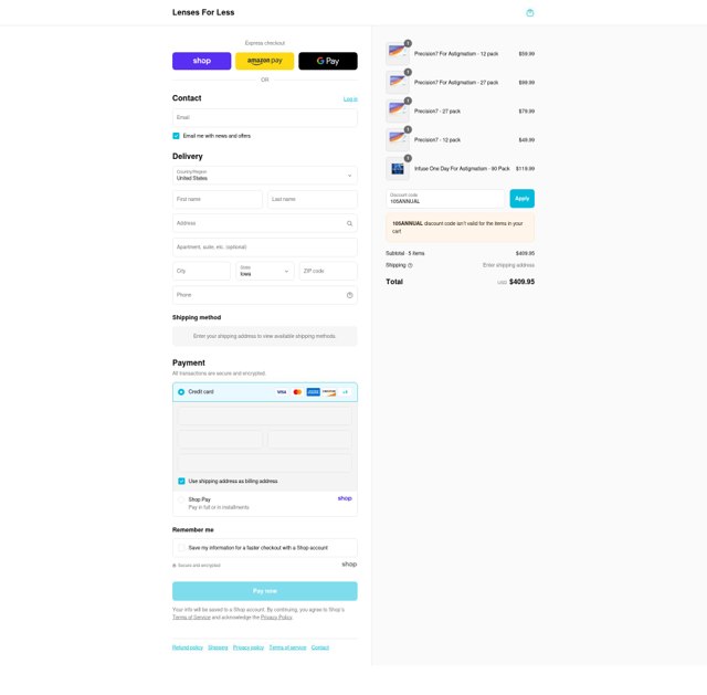 Lenses For Less checkout page showing Lenses For Less coupon code box | Screenshot taken by SimplyCodes community member on Sep 7, 2025