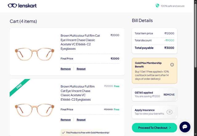 Lenskart checkout page showing Lenskart promo code box | Screenshot taken by SimplyCodes community member on Sep 7, 2025