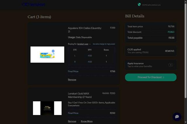 Lenskart checkout page showing Lenskart promo code box | Screenshot taken by SimplyCodes community member on Jul 26, 2025