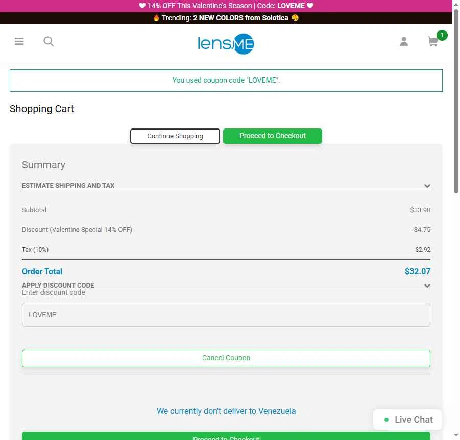 Lens.me checkout page showing Lens.me discount code box | Screenshot taken by SimplyCodes community member on Jan 29, 2026