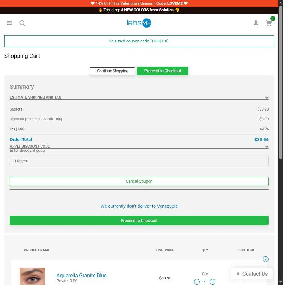 Lens.me checkout page showing Lens.me discount code box | Screenshot taken by SimplyCodes community member on Feb 9, 2026