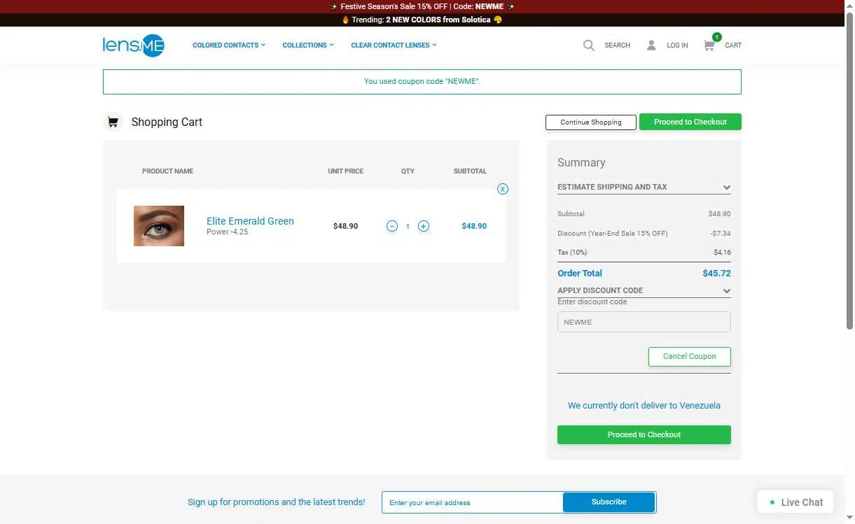 Lens.me checkout page showing Lens.me discount code box | Screenshot taken by SimplyCodes community member on Dec 18, 2025