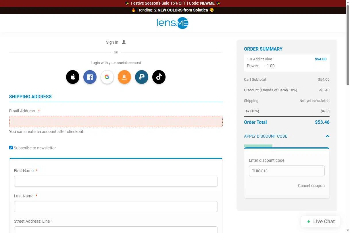 Lens.me checkout page showing Lens.me discount code box | Screenshot taken by SimplyCodes community member on Dec 24, 2025