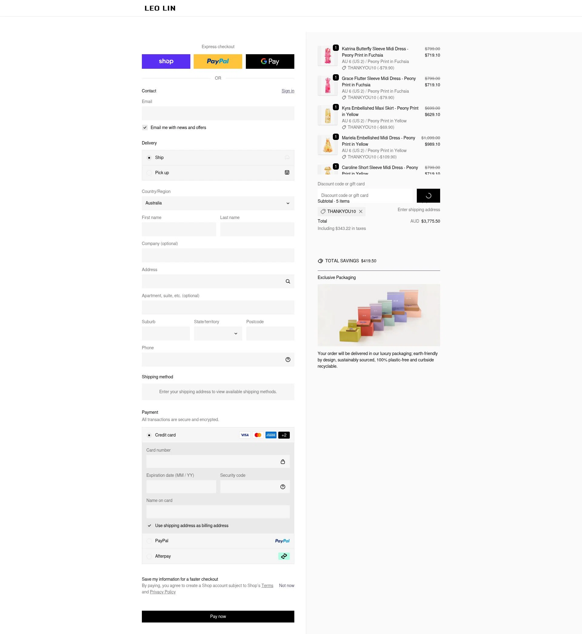 LEO LIN checkout page showing LEO LIN promo code box | Screenshot taken by SimplyCodes community member on Feb 16, 2026