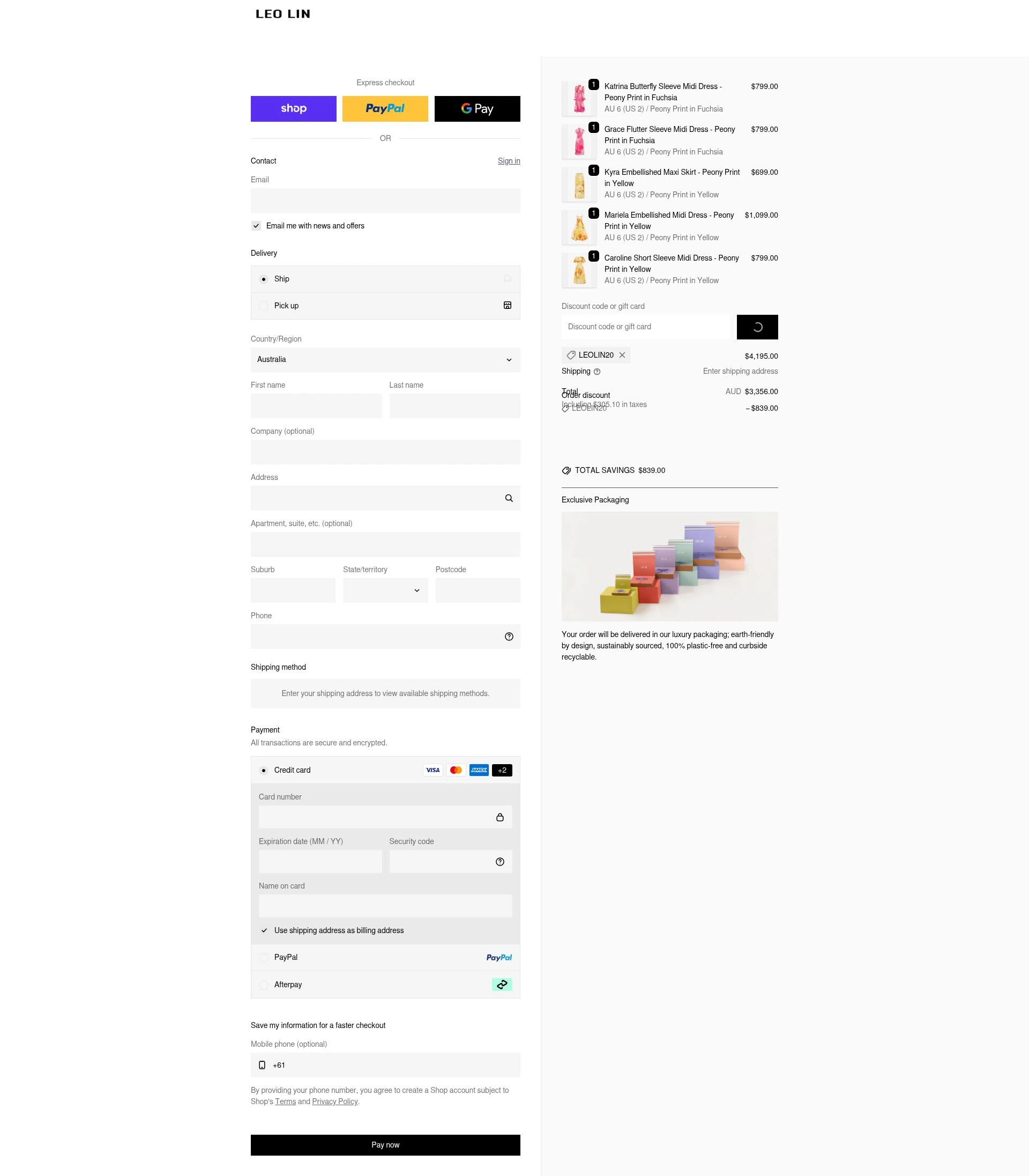 LEO LIN checkout page showing LEO LIN promo code box | Screenshot taken by SimplyCodes community member on Feb 7, 2026