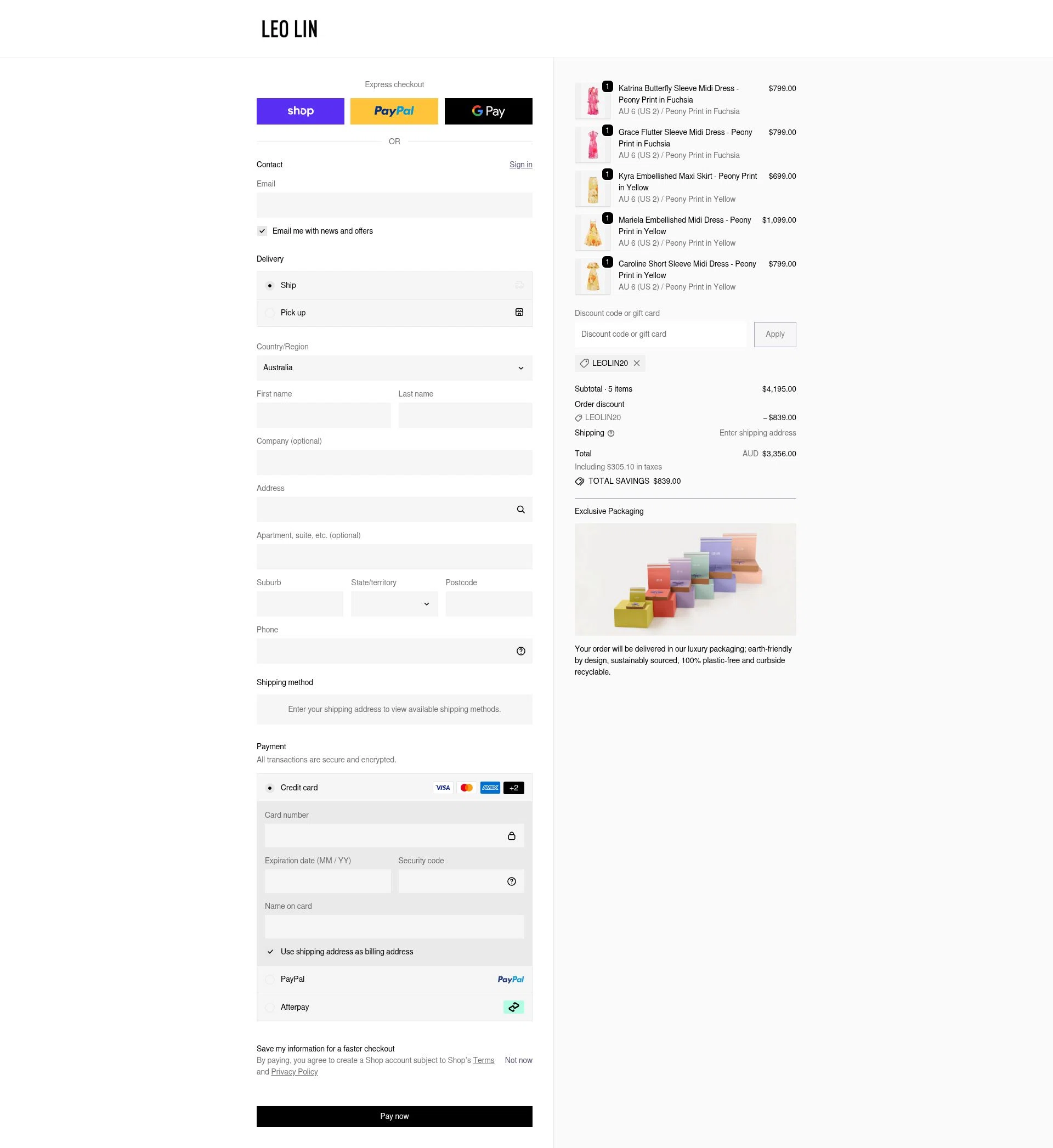 LEO LIN checkout page showing LEO LIN promo code box | Screenshot taken by SimplyCodes community member on Feb 16, 2026