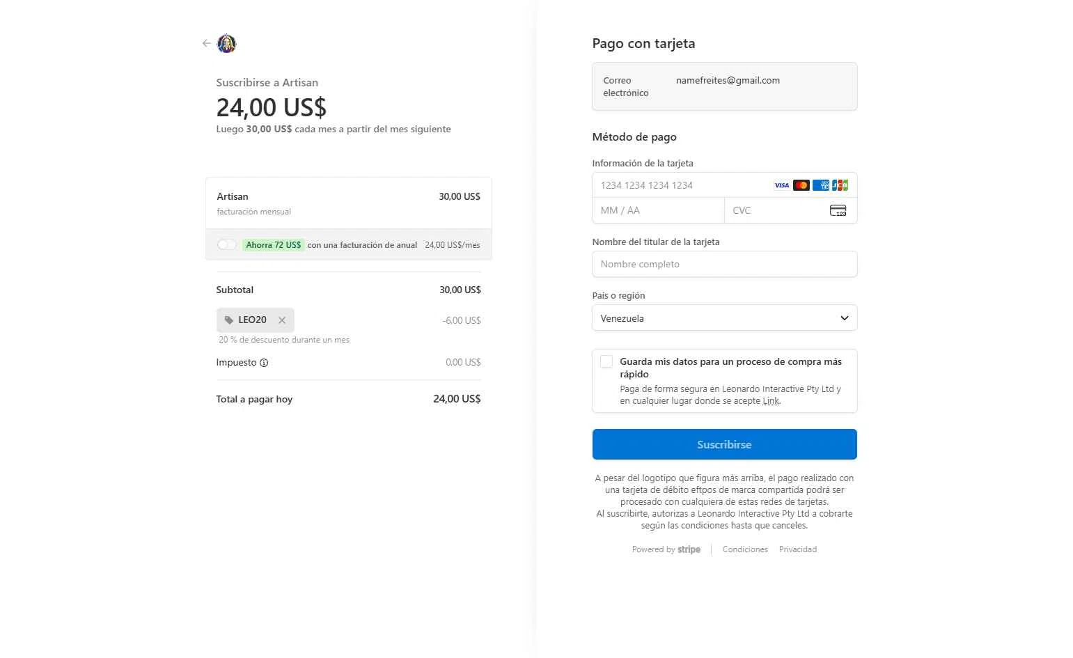 Leonardo.Ai checkout page showing Leonardo.Ai promo code box | Screenshot taken by SimplyCodes community member on Sep 16, 2025