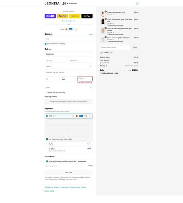 Leonisa checkout page showing Leonisa discount code box | Screenshot taken by SimplyCodes community member on Aug 28, 2025