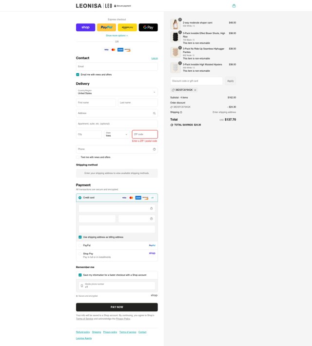 Leonisa checkout page showing Leonisa discount code box | Screenshot taken by SimplyCodes community member on Sep 1, 2025