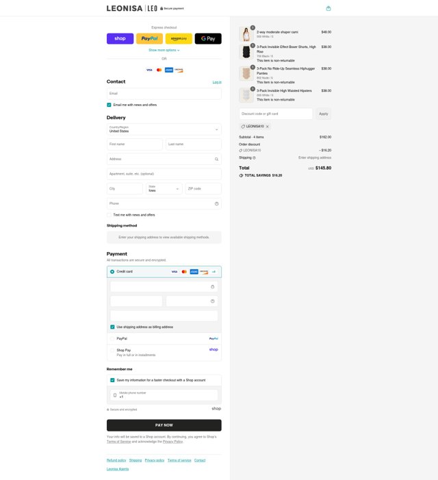 Leonisa checkout page showing Leonisa discount code box | Screenshot taken by SimplyCodes community member on Sep 5, 2025