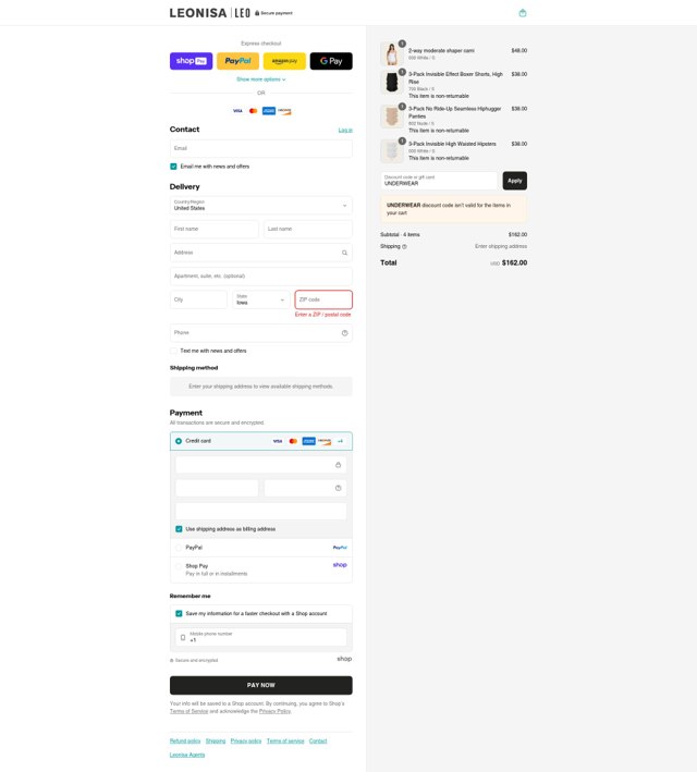 Leonisa checkout page showing Leonisa discount code box | Screenshot taken by SimplyCodes community member on Aug 28, 2025