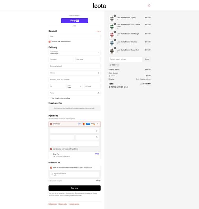 Leota checkout page showing Leota promo code box | Screenshot taken by SimplyCodes community member on Aug 27, 2025