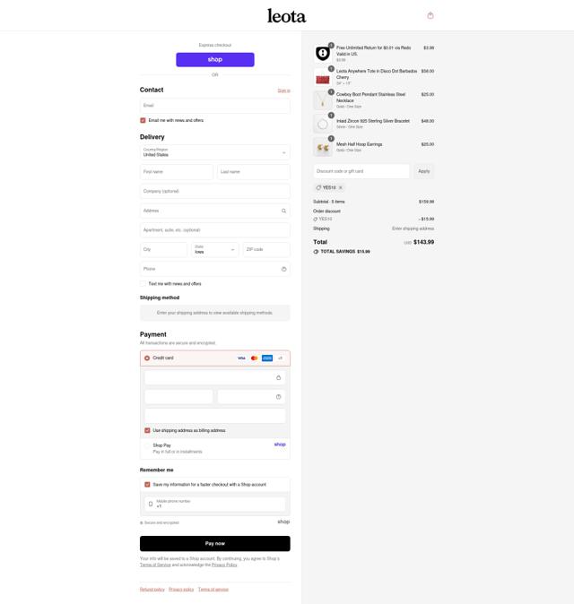 Leota checkout page showing Leota promo code box | Screenshot taken by SimplyCodes community member on Sep 12, 2025