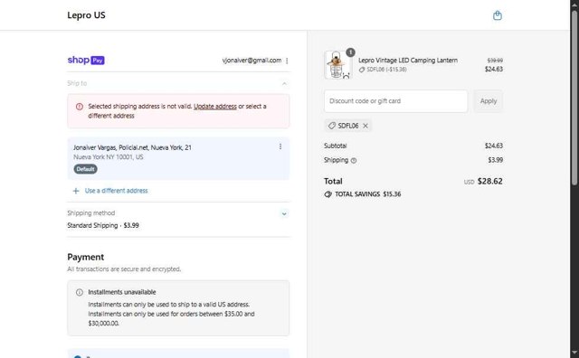 Lepro checkout page showing Lepro coupon code box | Screenshot taken by SimplyCodes community member on Aug 12, 2025