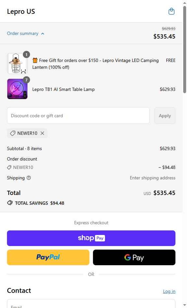 Lepro checkout page showing Lepro coupon code box | Screenshot taken by SimplyCodes community member on Aug 12, 2025