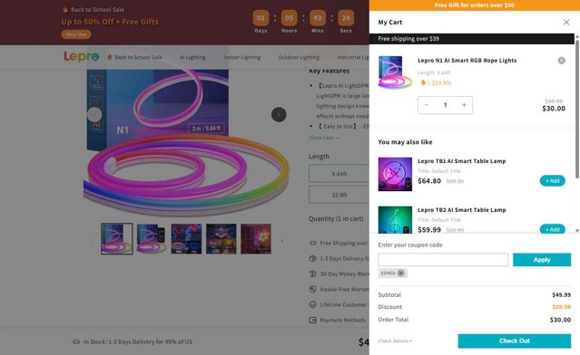 Lepro checkout page showing Lepro coupon code box | Screenshot taken by SimplyCodes community member on Aug 15, 2025