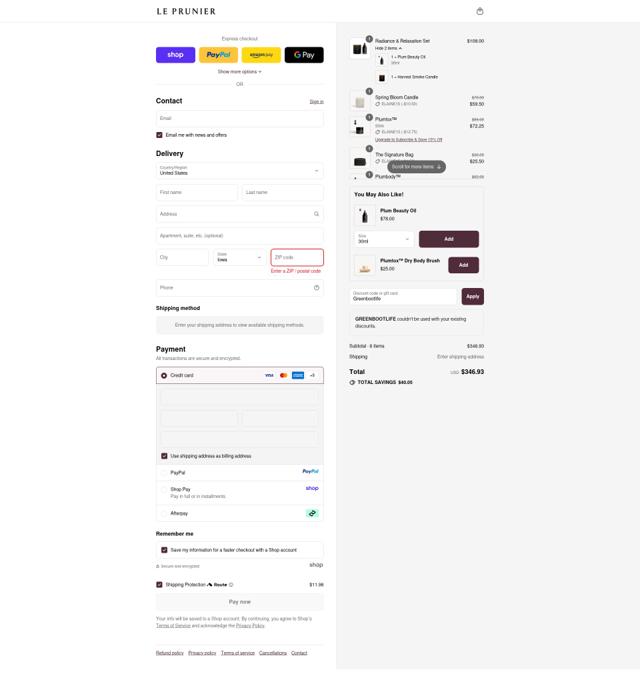Le Prunier checkout page showing Le Prunier discount code box | Screenshot taken by SimplyCodes community member on Sep 15, 2025